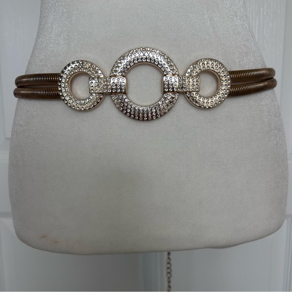 Gold Tone Rhinestone Embellished Circle Stretch Glam Statement Belt Women’s - Picture 3 of 11